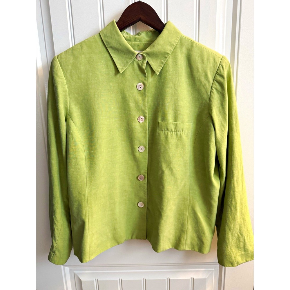 Cold water  Creek P12 Silk Linen Green Button Front shirt Long Sleeve Pocket
